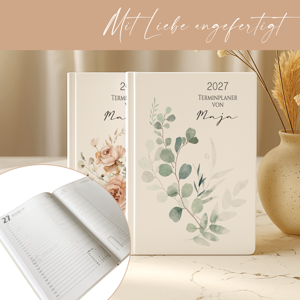 Personalisierter Terminplaner 2027 Din A5 | Hardcover Buchkalender mit Name | Florales & Boho Design