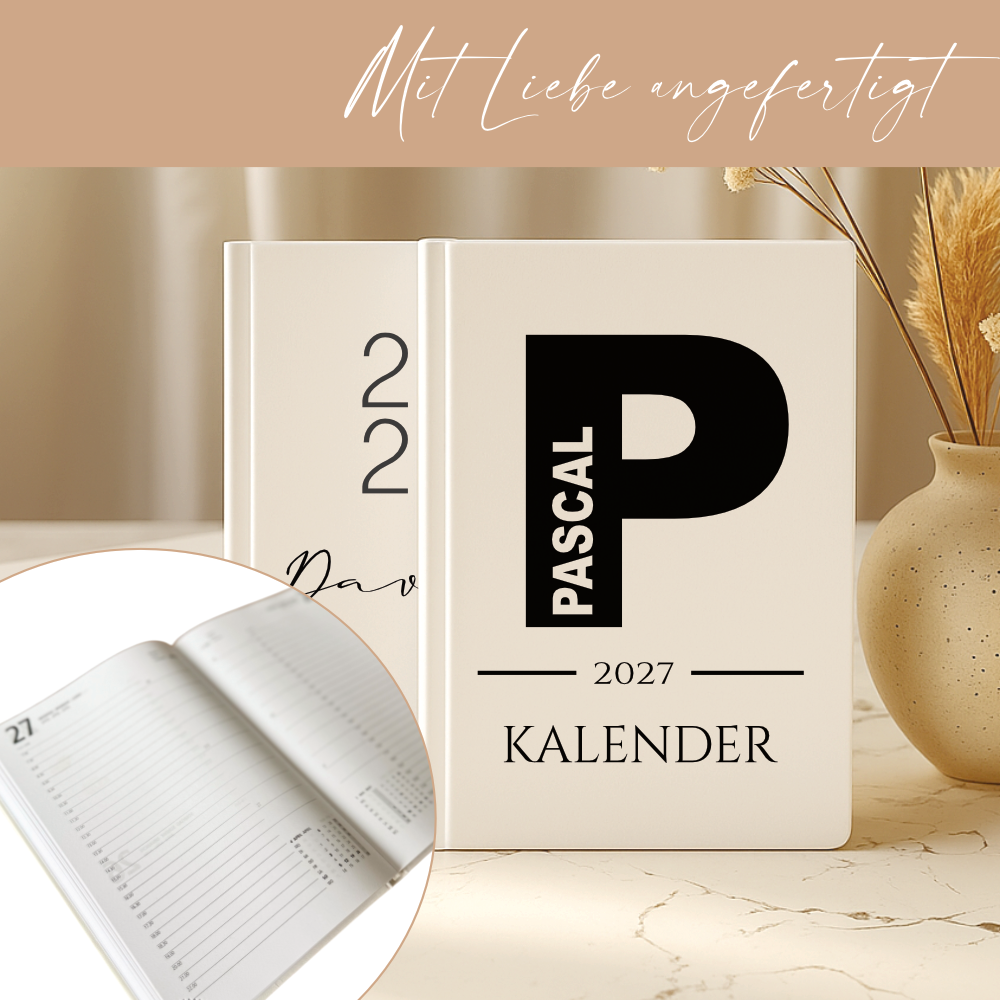 Personalisierter Terminplaner 2027 Din A5 | Minimalistischer Buchkalender mit Name | Weißes Hardcover – Manufaktur Liebevoll