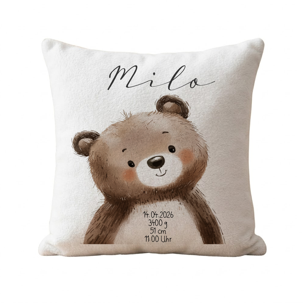 Personalisiertes flauschiges Babykissen mit Geburtsdaten – Waldtiere 40x40cm inkl. Füllung