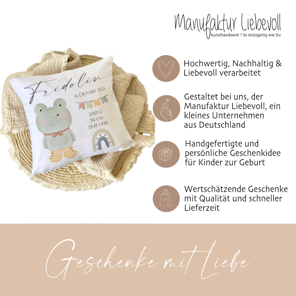 Personalisiertes Babygeschenk, Kissen zur Geburt mit Geburtsdaten, Motiv: Frosch