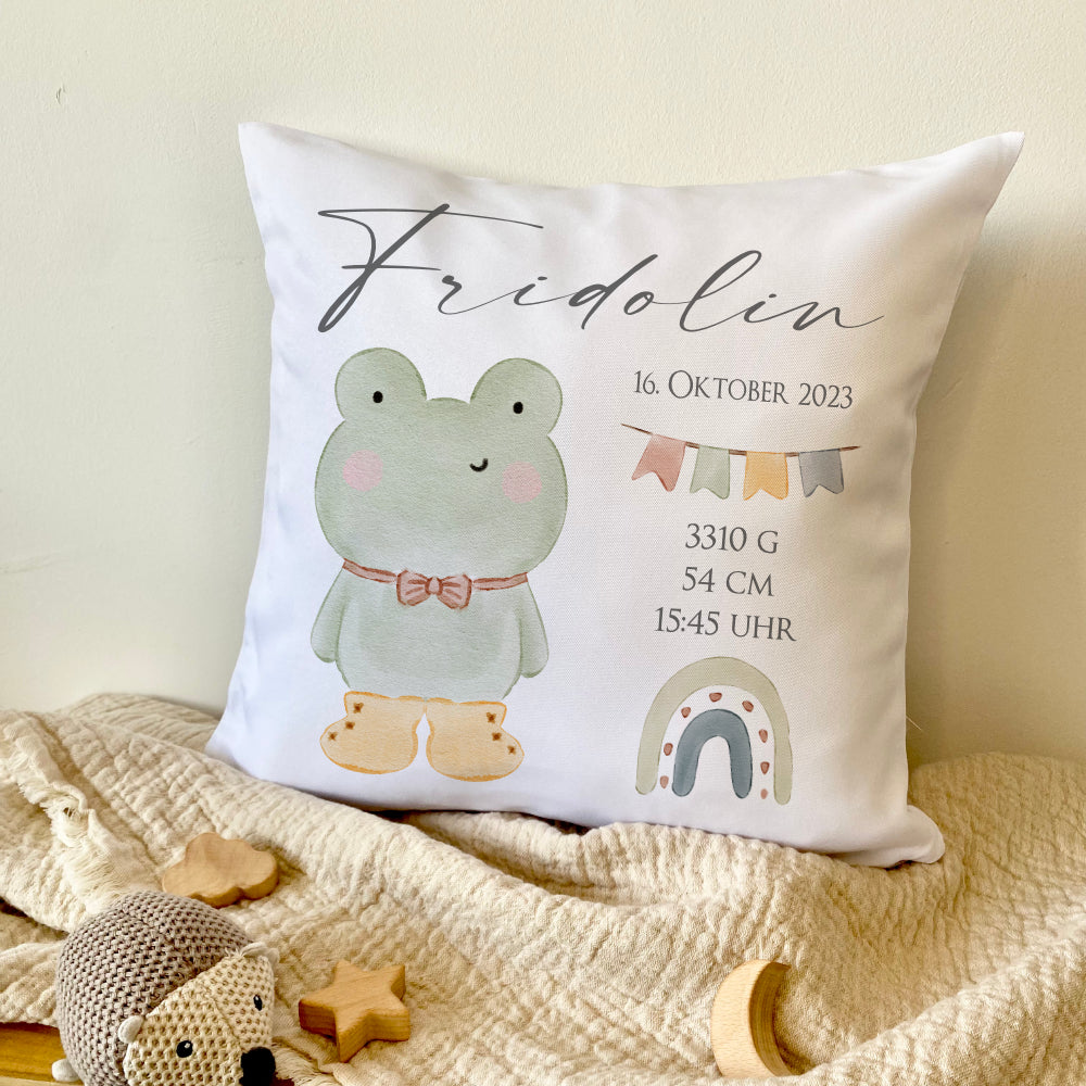 Personalisiertes Babygeschenk, Kissen zur Geburt mit Geburtsdaten, Motiv: Frosch
