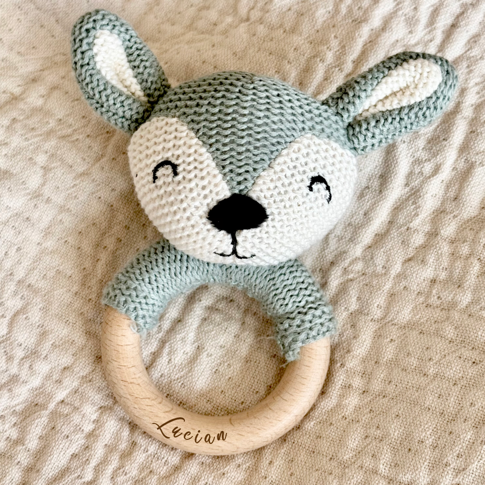 Beißring mit Rassel Personalisiert Baby Greifring Neugeborene