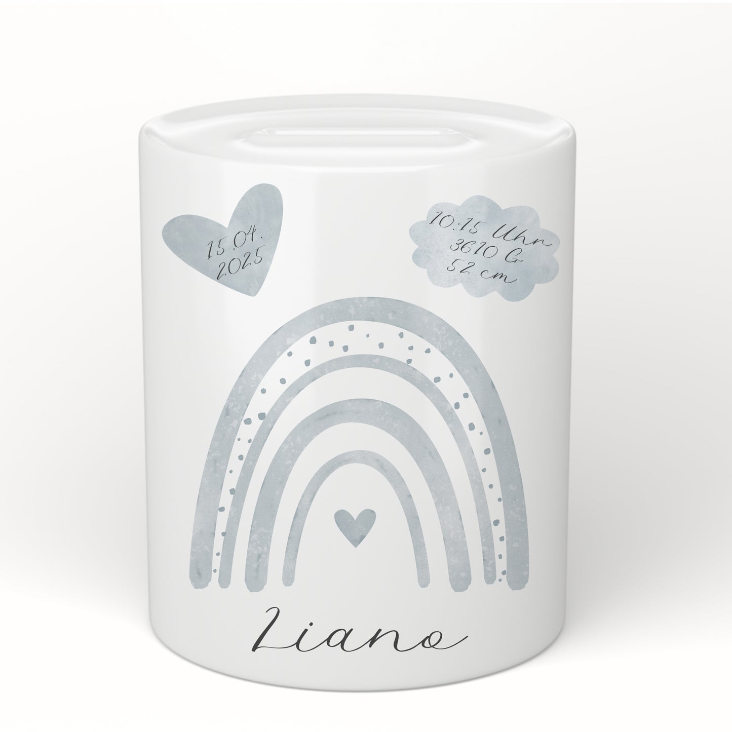 Spardose Regenbogen für Babys, personalisiert mit Namen und Geburtsdaten