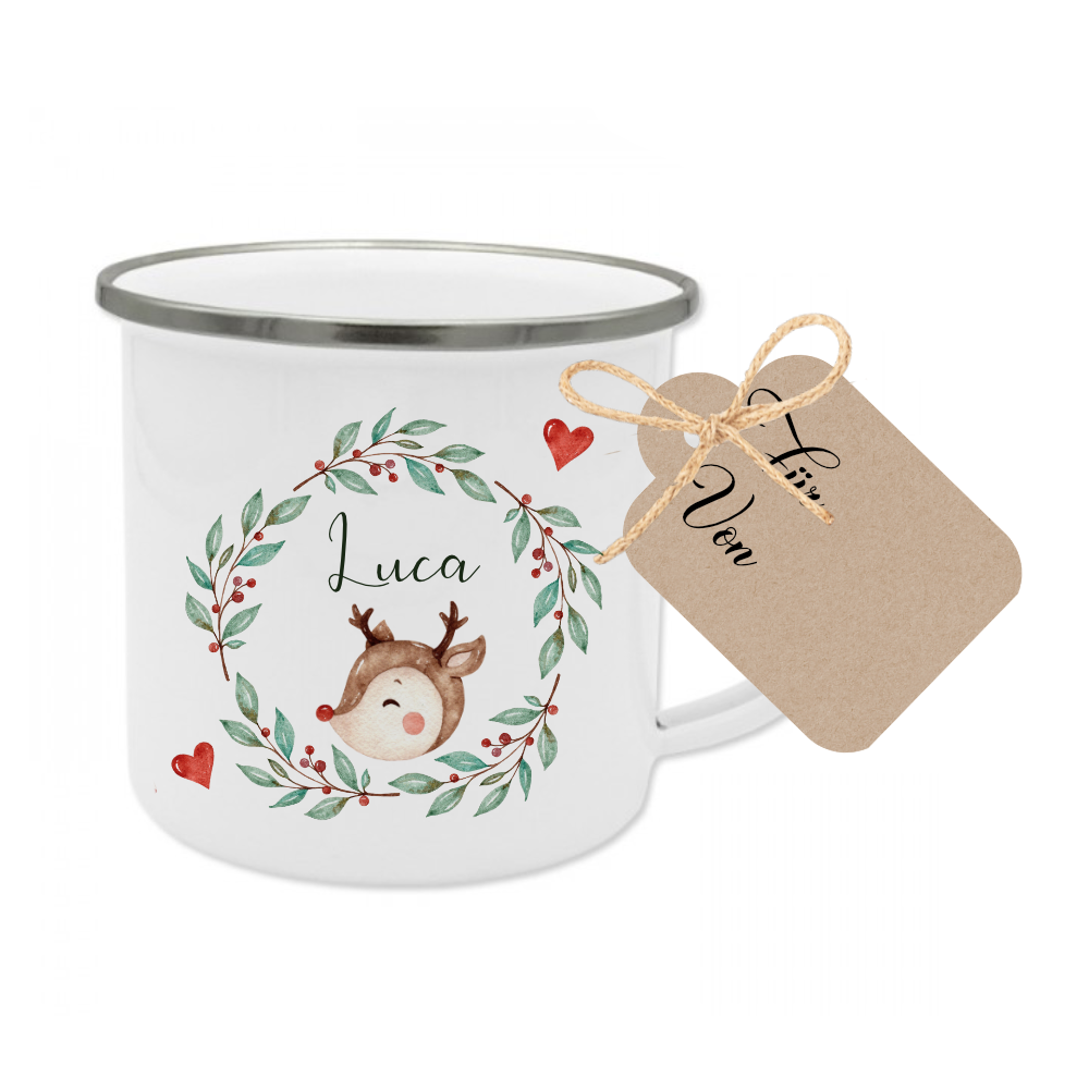 Personalisierte Emaille Tasse Weihnachten mit Namen – Kinder Becher Rentier & Herz Motiv – Geschenkidee Advent, Nikolaus, Weihnachtsgeschenk