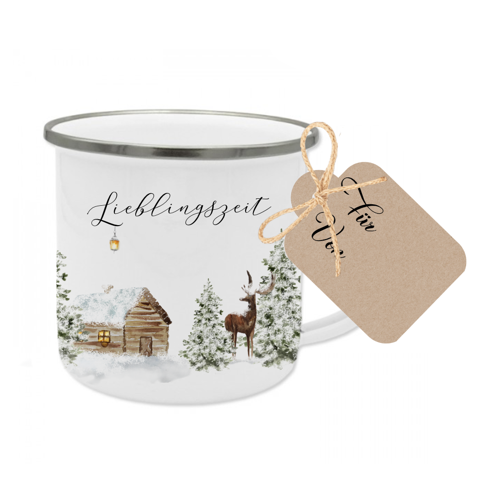 Emaille Tasse Lieblingszeit – Winter Becher mit Hirsch & Hütte – Geschenkidee Weihnachten & Advent