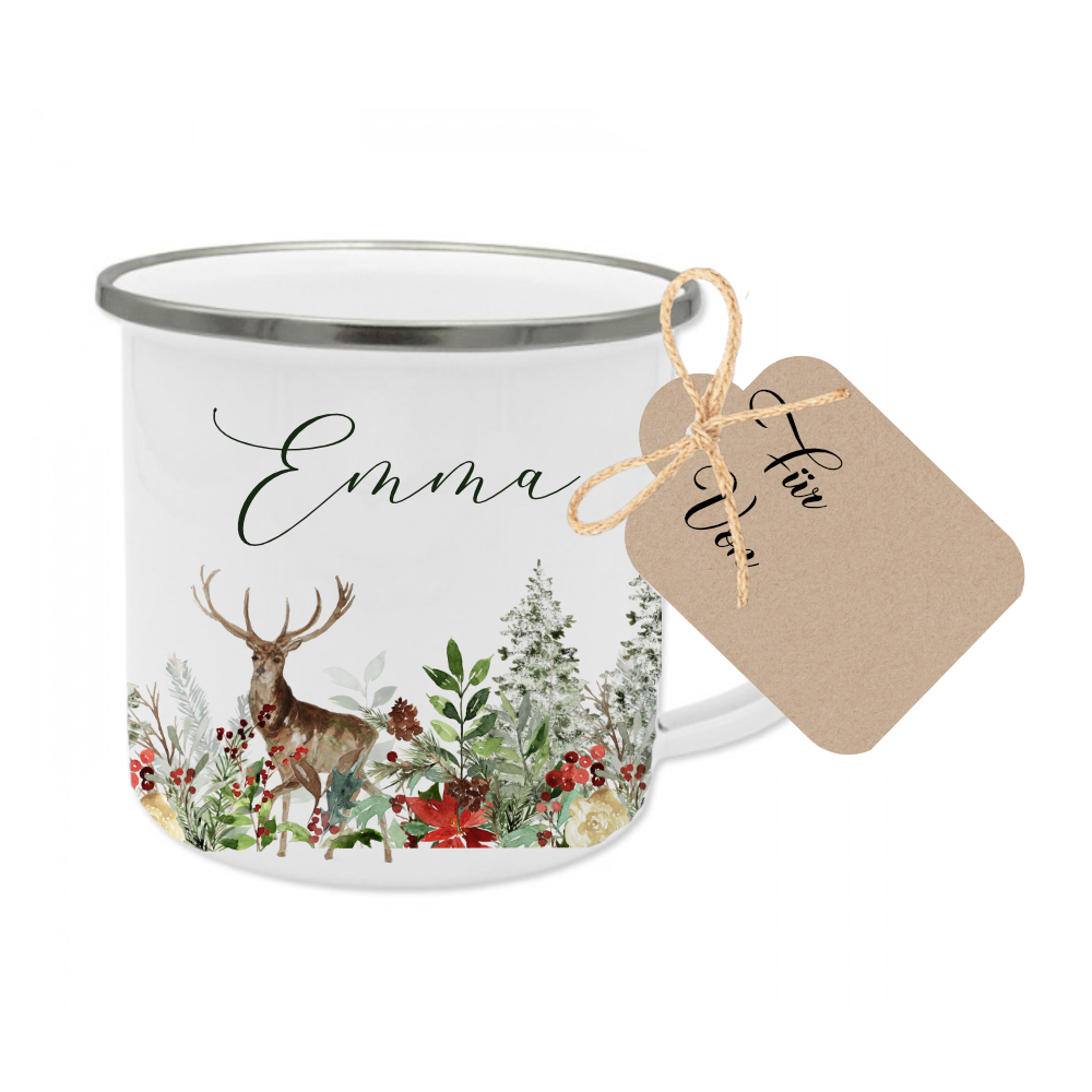 Personalisierte Emaille Tasse Weihnachten mit Namen – Hirsch & Wintermotiv – Geschenkidee Advent & Weihnachtsgeschenk