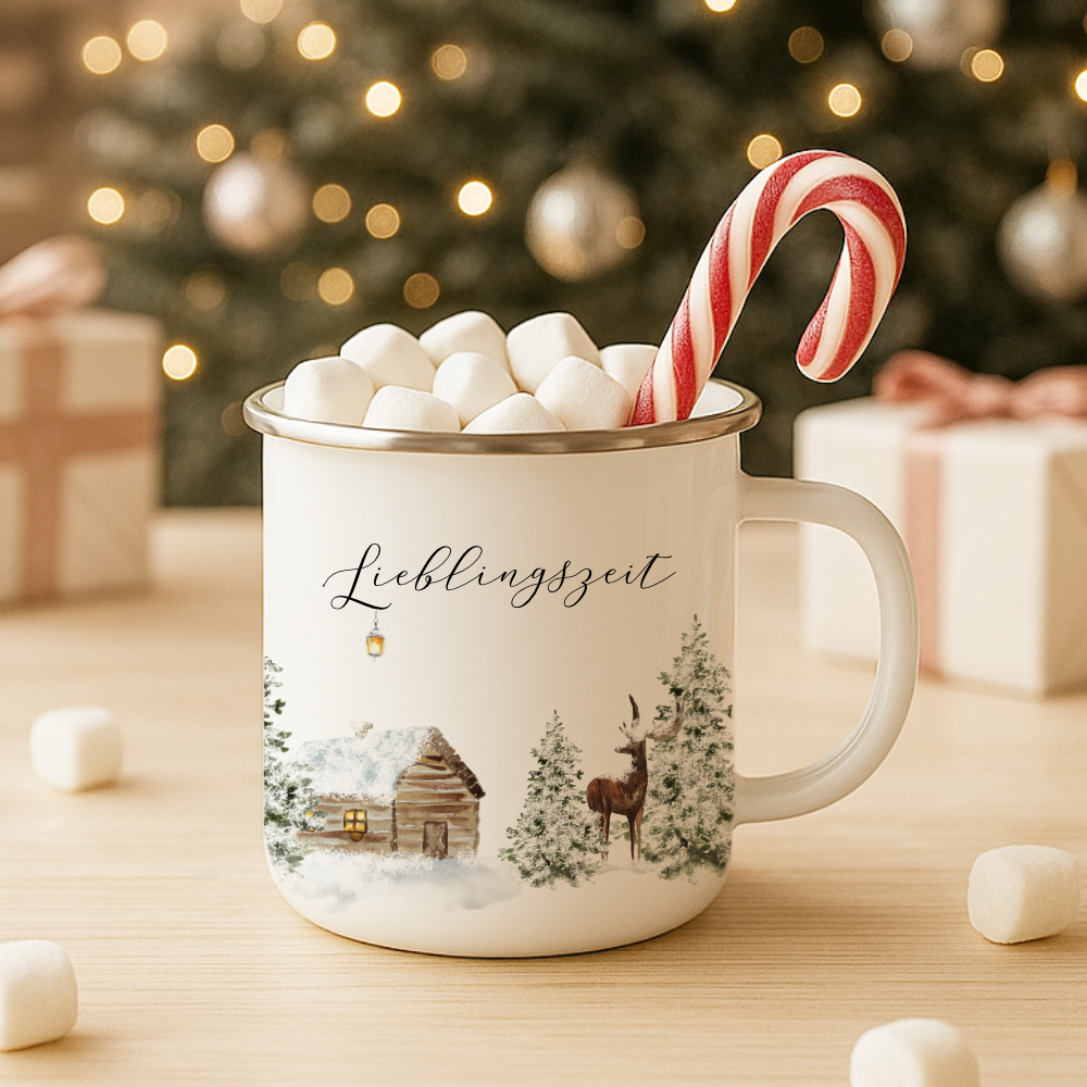 Emaille Tasse Lieblingszeit – Weihnachtsbecher mit Hirsch & Hütte – Manufaktur Liebevoll