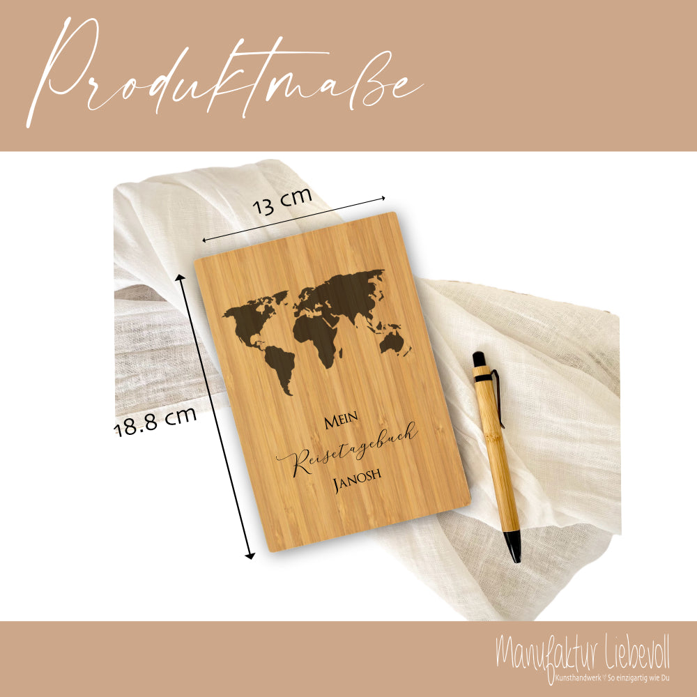 Reisetagebuch zum Selberschreiben | Notizbuch mit Name u. Weltkarte | Personalisiertes Geschenk für Sie u. Ihn