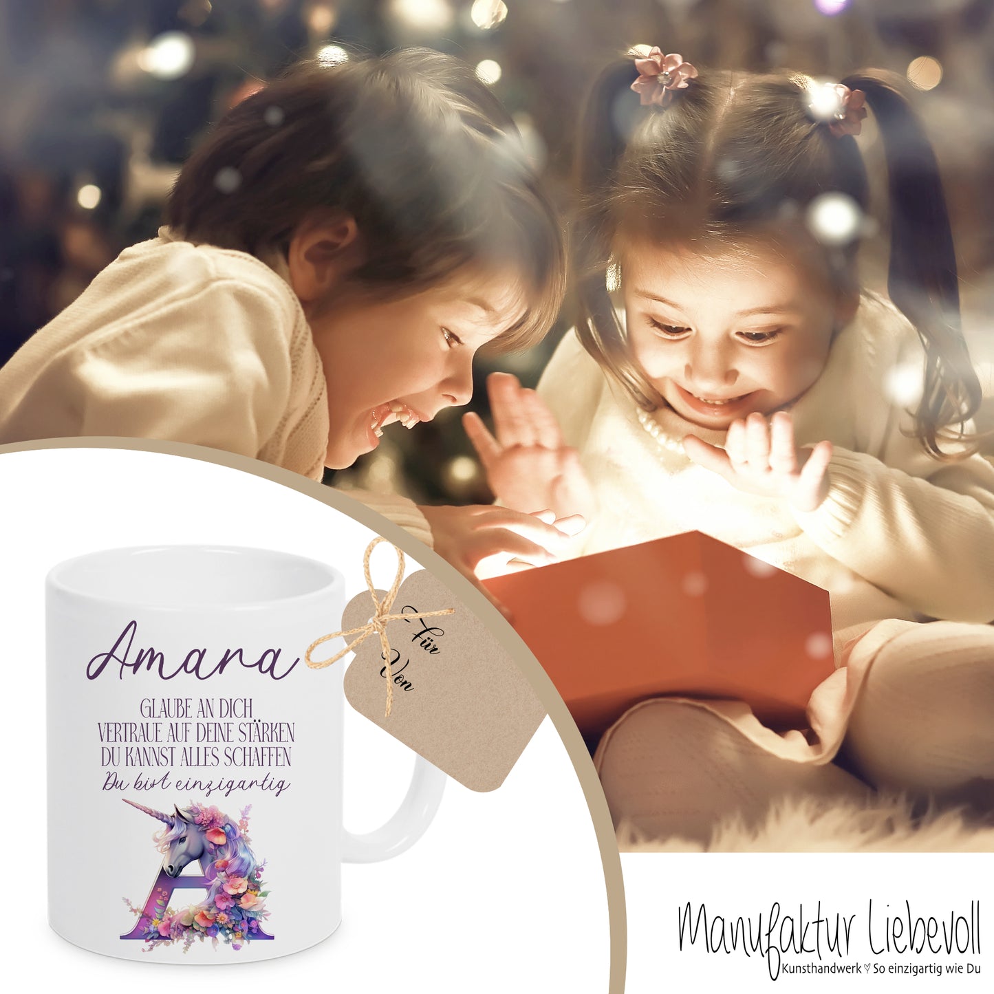 Einhorn Tasse mit Namen und Buchstaben für Mädchen als Geschenk