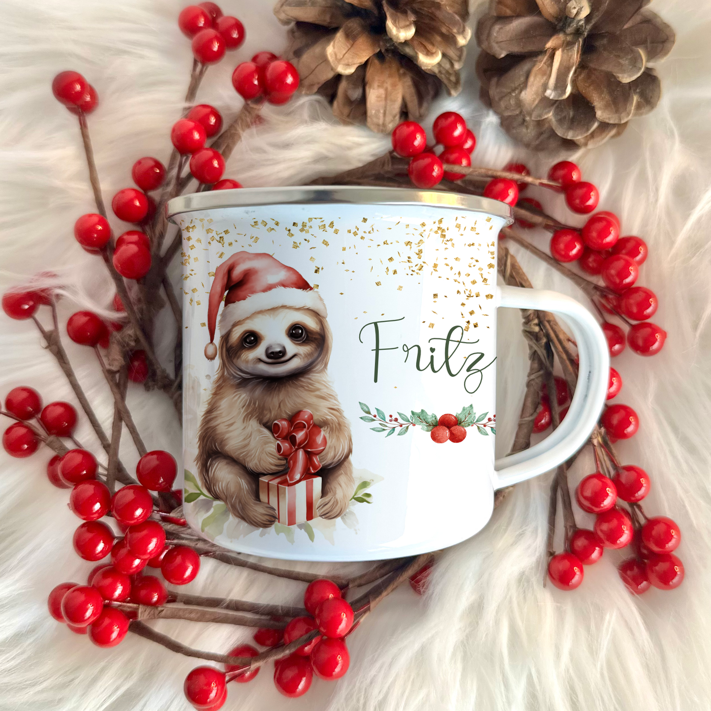 Kinder Weihnachtstasse "Faultier" | Tasse mit Namen personalisiert | Kinderbecher aus Emaille mit Weihnachtsmotiv | Weihnachtsgeschenk Nikolaus für Mädchen Jungen Teenager | 7 Produktvarianten zur Auswahl