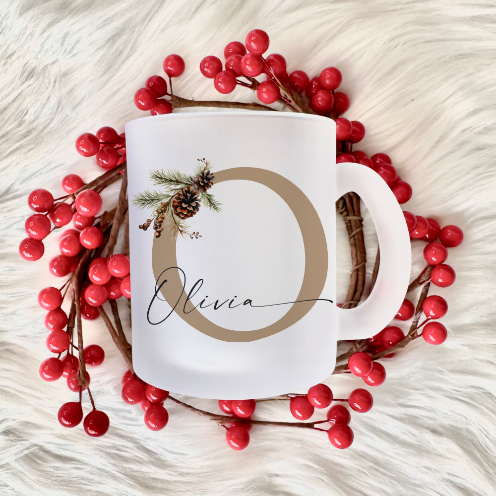 Personalisierte Glas Tasse "Tannenzapfen" Weihnachten Name I Weihnachtstasse Weihnachtsgeschenk I Nikolaus Geschenk Glühweintasse