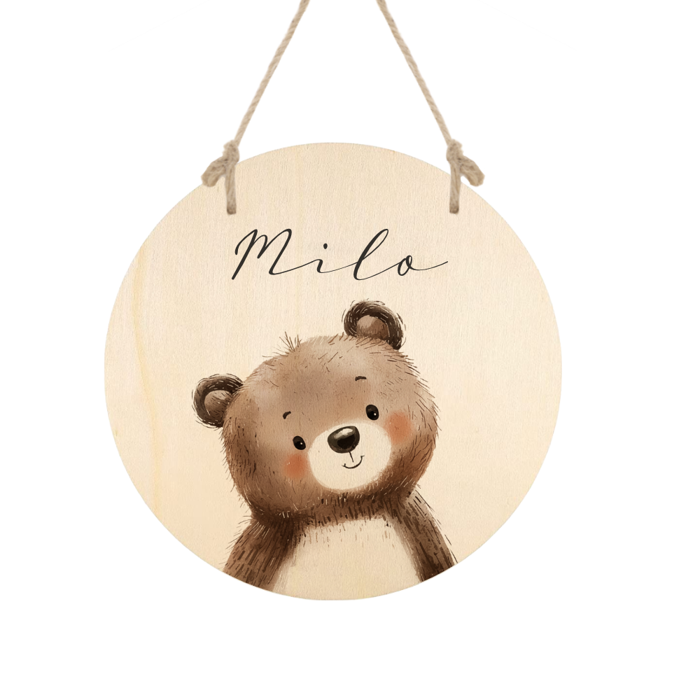Personalisiertes Holzschild für Kinderzimmer – Türschild aus Holz mit Name & Tiermotiv – Geschenk zur Geburt & Taufe
