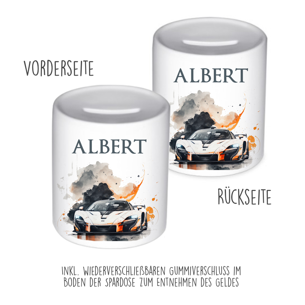 Spardose "Rennauto" mit Namen für Jungen | Geschenk für Kinder Teenager | Personalisiertes Geldgeschenk I Geschenkidee zum Geburtstag | 10 Motive zur Auswahl