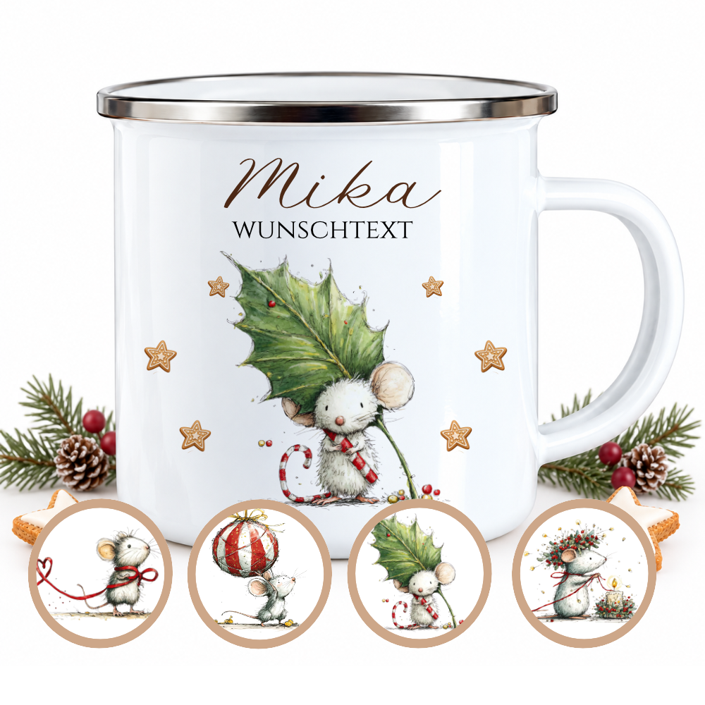 Emaille Tasse personalisiert mit Namen – 4 süße Weihnachtsmäuse