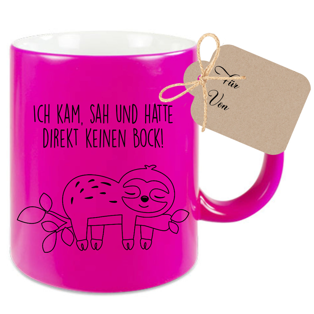 Tasse Faultier mit Spruch: Ich kam, sah und hatte direkt keinen Bock! | 4 Tassenfarben zur Auswahl