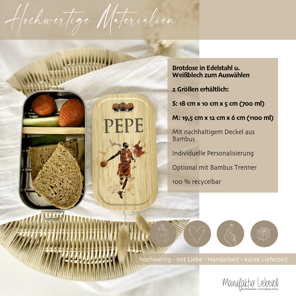 Lunchbox "Basketball" wählbar in Edelstahl mit Bambusdeckel und Namen für Kinder | Brotbox mit Basketballspieler | Personalisiertes Geschenk für Kinder