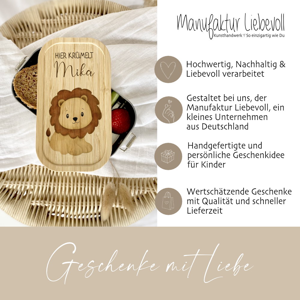 Lunchbox "Löwe" wählbar in Edelstahl mit Bambusdeckel und Namen für Kinder | Brotdose mit Tier Safari Motiv | Personalisiertes Geschenk für Kinder