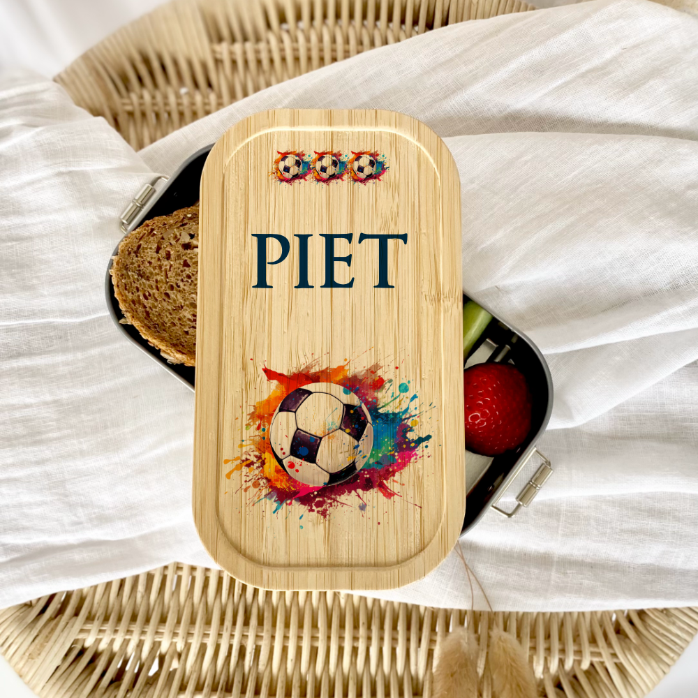 Lunchbox "Fußball" wählbar in Edelstahl mit Bambusdeckel und Namen für Kinder | Brotbox mit Fußball Motiv | Personalisiertes Geschenk für Kinder