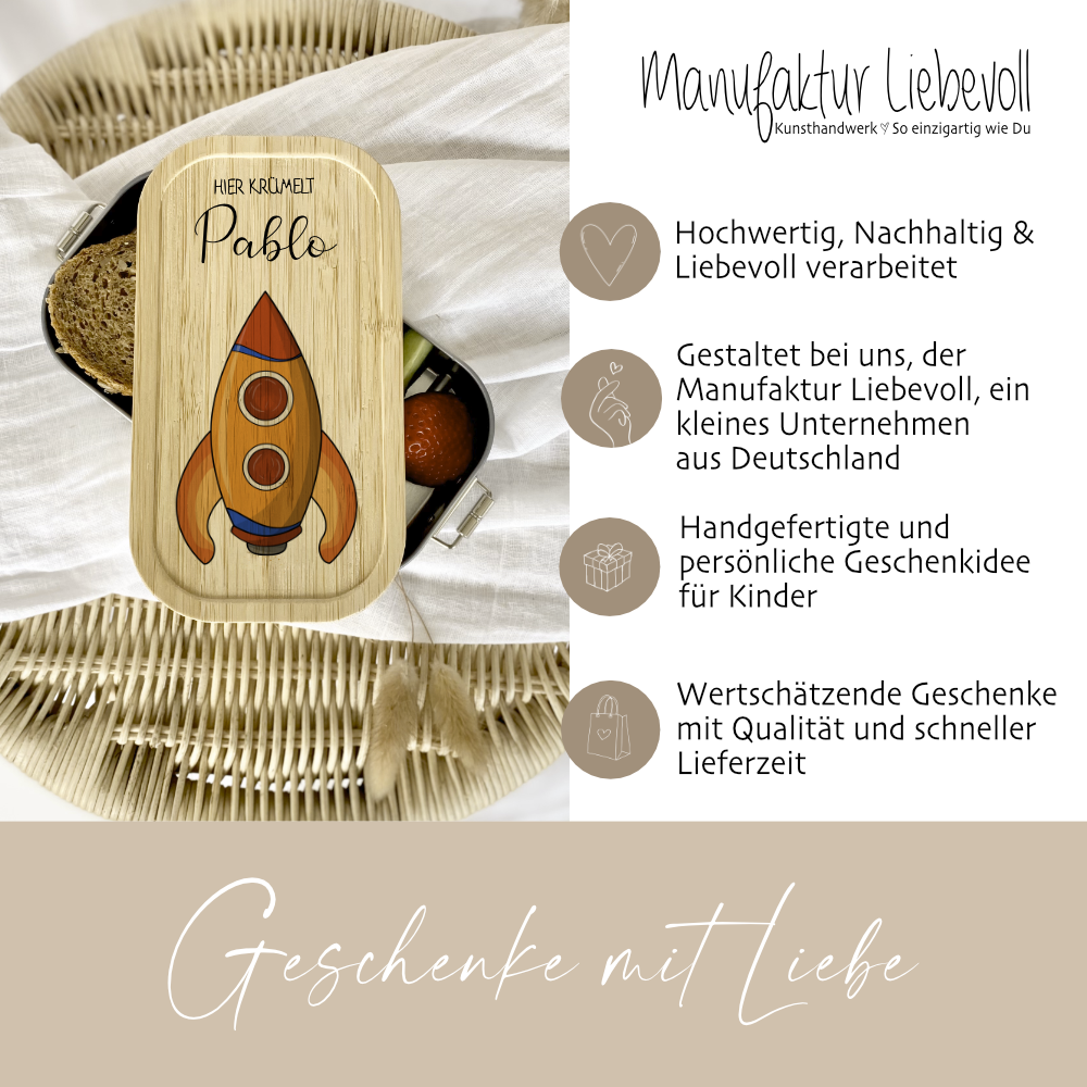 Lunchbox "Rakete" wählbar in Edelstahl mit Bambusdeckel und Namen für Kinder | Brotdose mit Weltall Weltraum Motiv | Personalisiertes Geschenk für Kinder