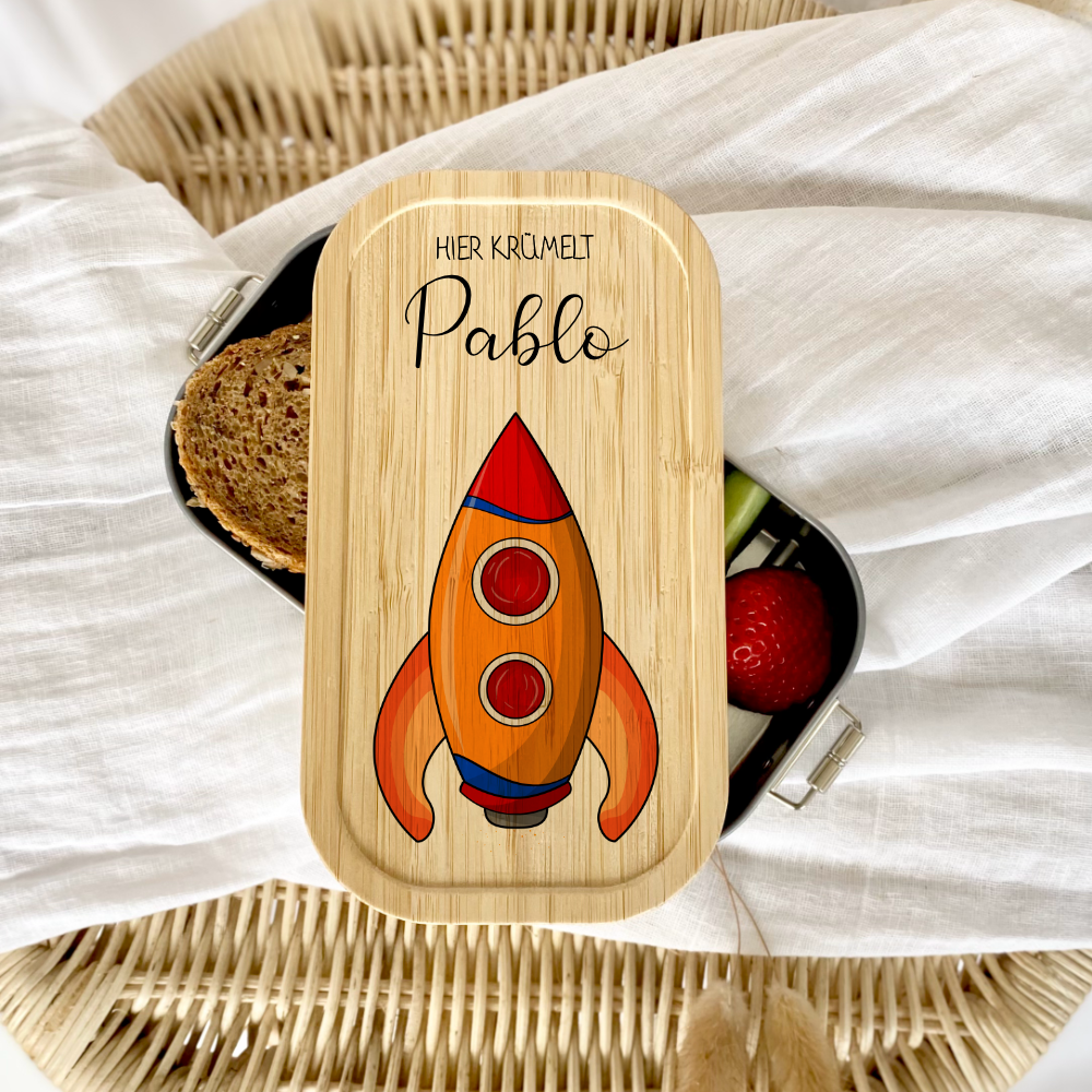 Lunchbox "Rakete" wählbar in Edelstahl mit Bambusdeckel und Namen für Kinder | Brotdose mit Weltall Weltraum Motiv | Personalisiertes Geschenk für Kinder
