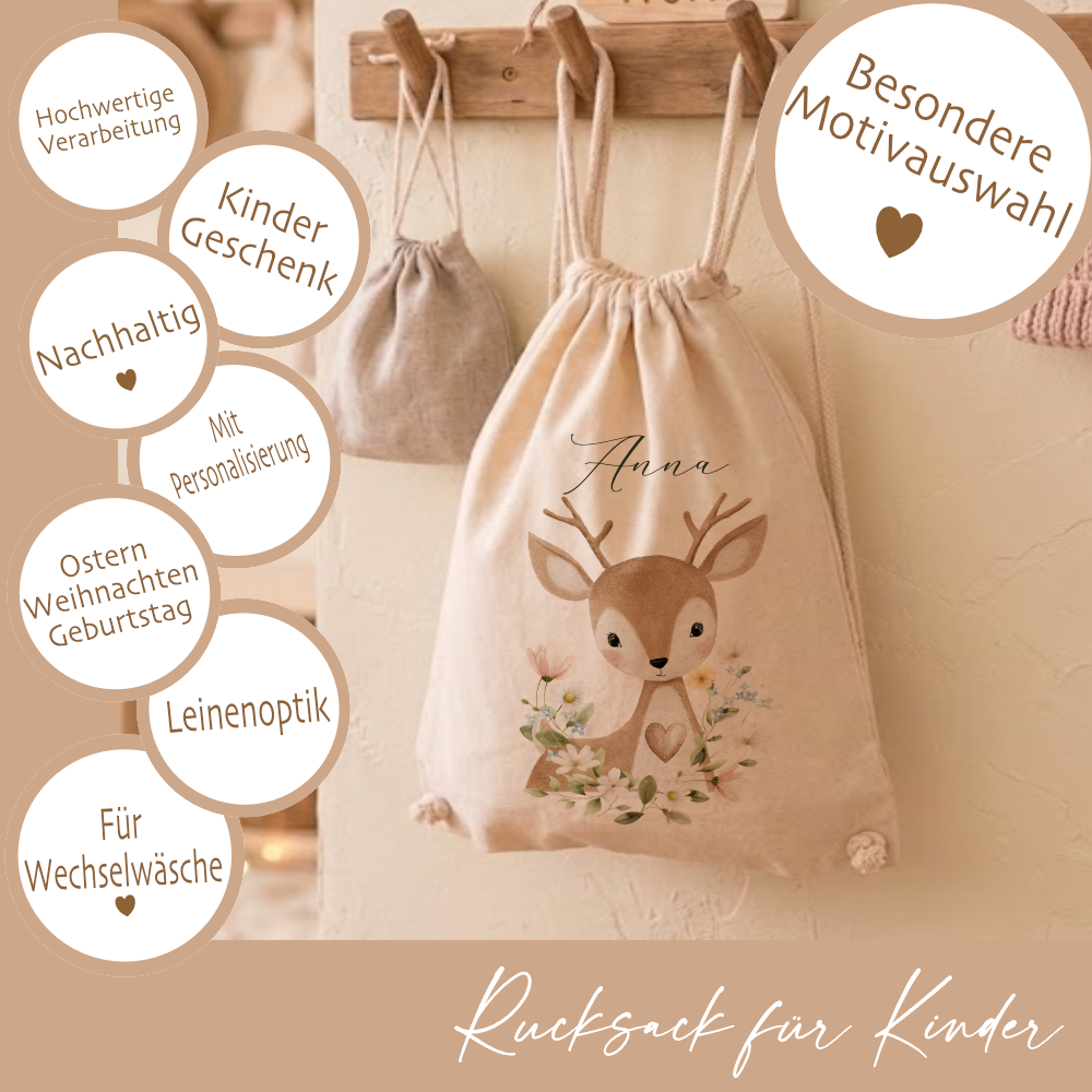 Personalisierter Kinder Turnbeutel mit Namen – Süße Waldtiere Motive im Boho-Stil – Robuster Rucksack in Canvas-Struktur für Kita & Schule