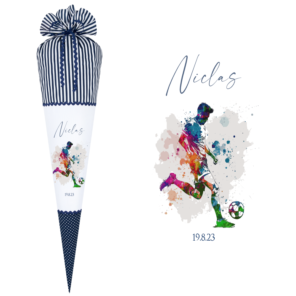 Personalisierte Stoff Schultute FuBball in Blau fur Jungen mit FuBballspieler Einschulungstute 70 cm Manufaktur Liebevoll Optional mit Fullkissen