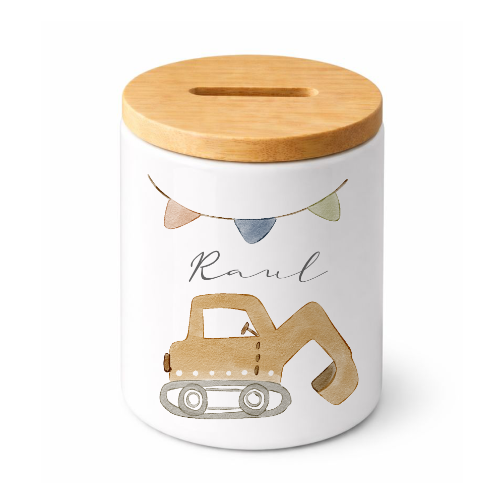Kinderspardose mit Namen – Personalisierte Spardose aus Keramik mit Bambusdeckel