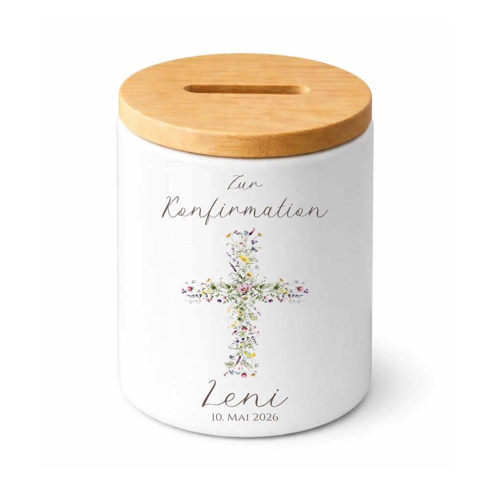 Personalisierte Spardose zur Konfirmation – Geldgeschenk aus Keramik mit Bambusdeckel