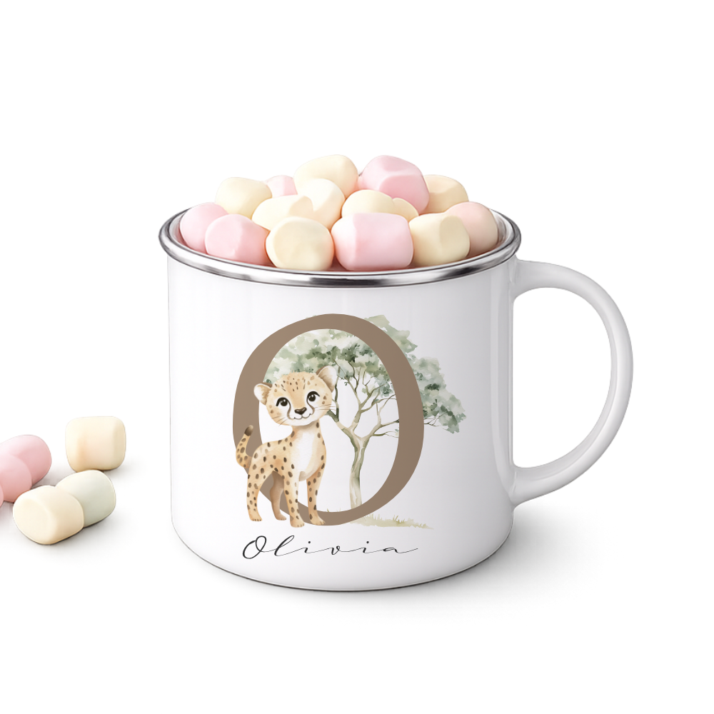 Personalisierte Emaille Tasse mit Namen & Buchstabe – Süße Safari Motive im Boho-Stil – Bruchsicherer Kinderbecher 300ml