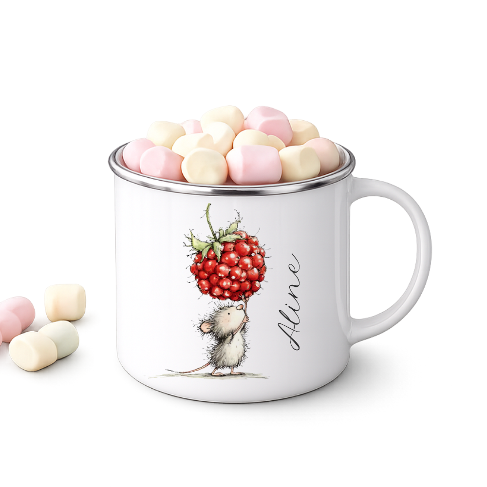 Personalisierte Emaille Tasse für Kinder mit Namen – Süße Maus Motive im Boho-Stil