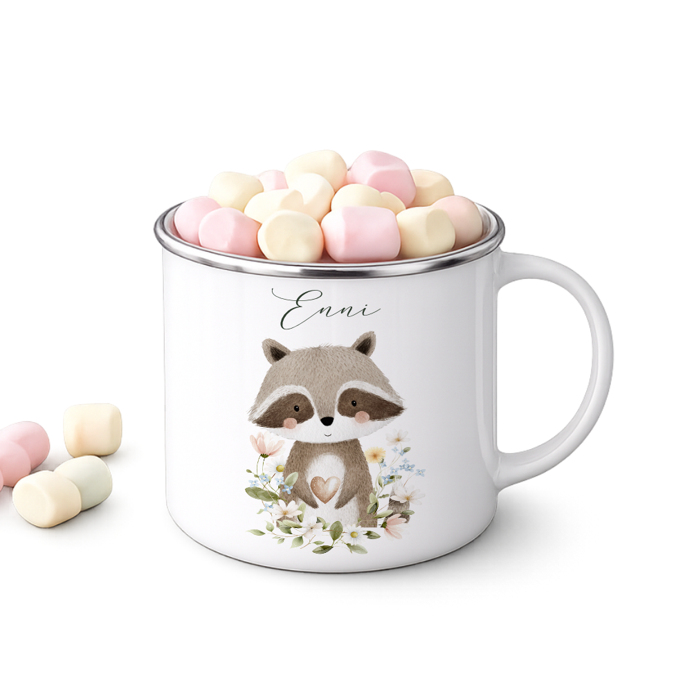 Personalisierte Emaille Tasse mit Namen – Süße Waldtiere Motive im Boho-Stil – Kinderbecher / Campingbecher 300ml