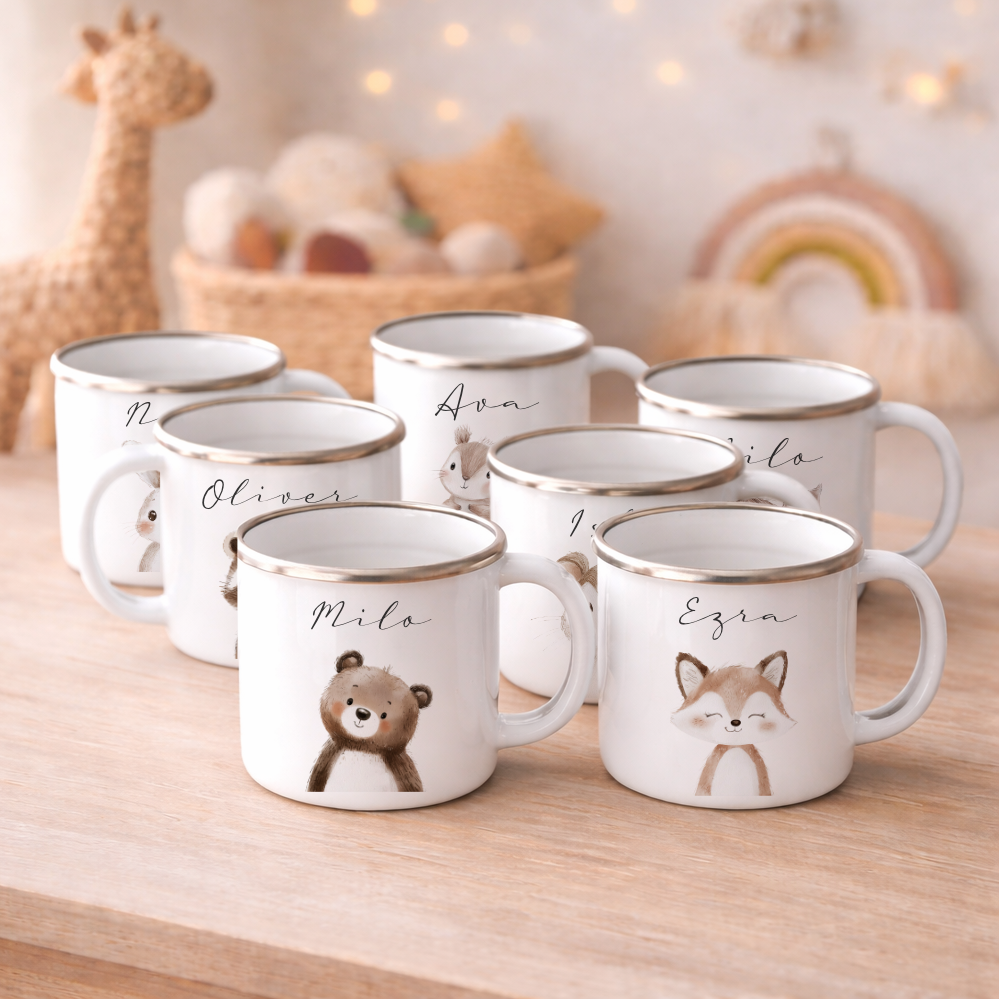 Personalisierte Kinder Tasse mit Namen – Tiermotiv Emaille – Manufaktur Liebevoll