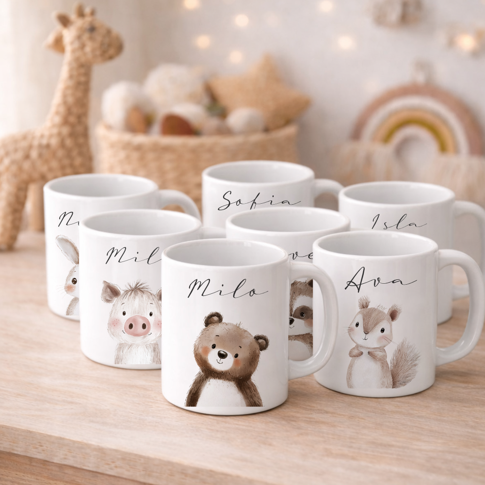 Personalisierte Kindertasse mit Namen – Niedliche Waldtiere – Manufaktur Liebevoll
