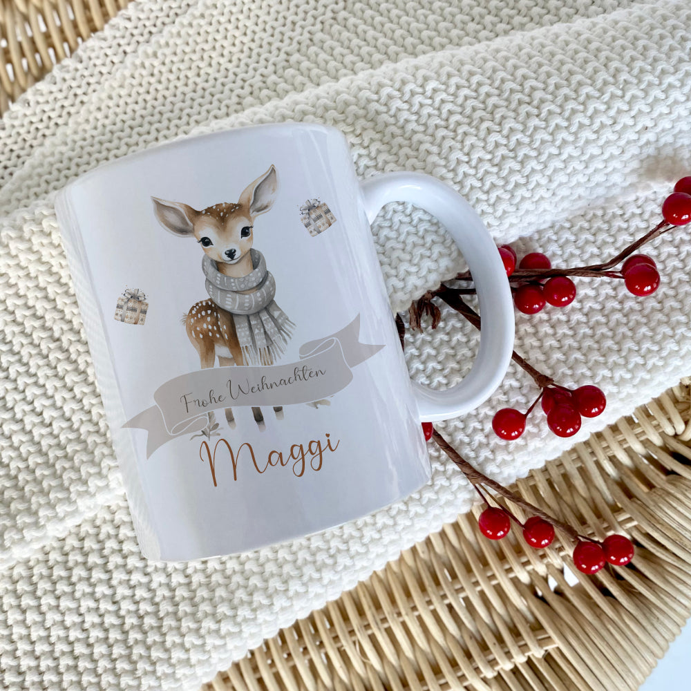 Weihnachtliche Tasse für Kinder, Tasse aus Keramik "Frohe Weihnachten" mit Rehkitz und Namen