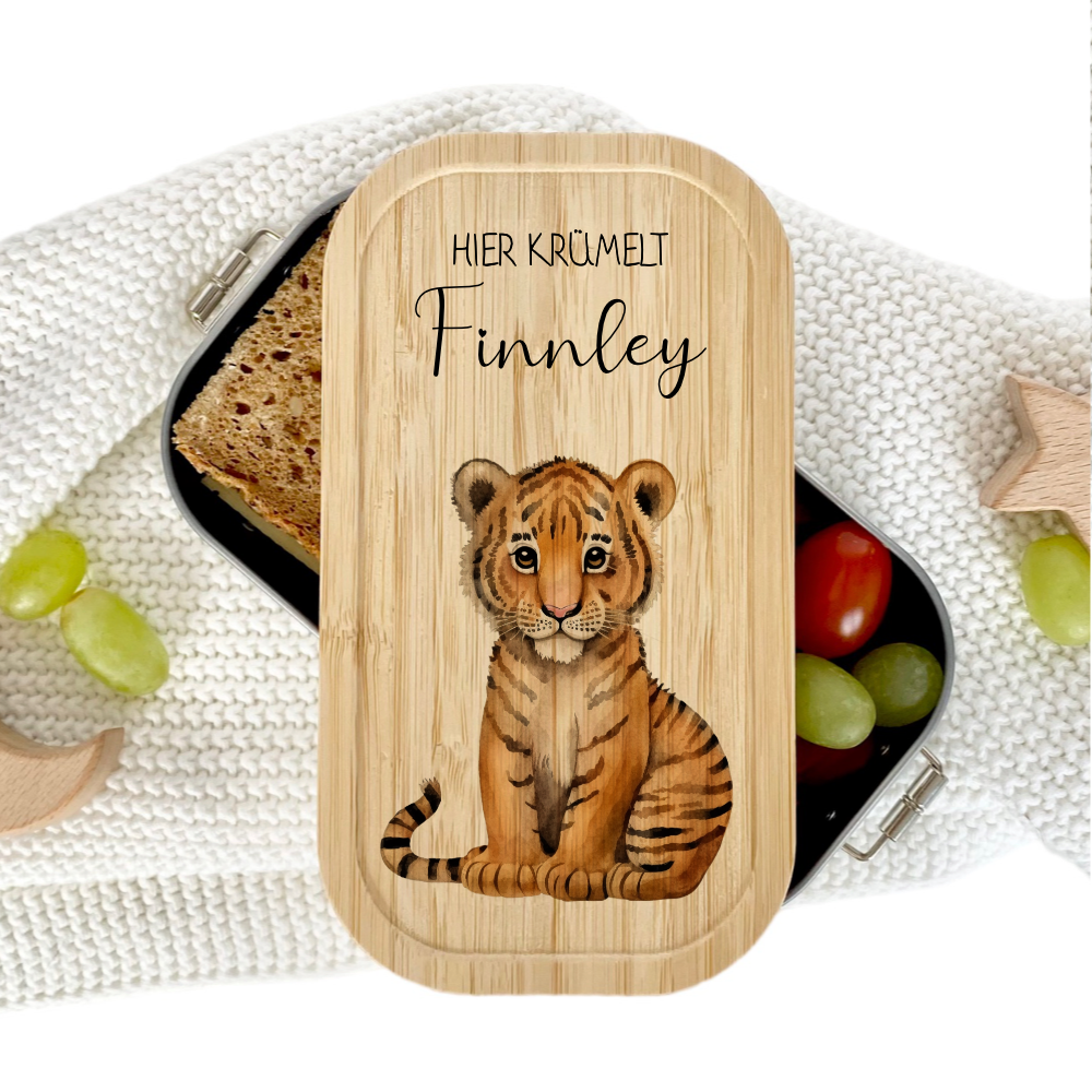brotdose "Tiger" wählbar in Edelstahl mit Bambusdeckel und Namen für Kinder | Brotdose mit Tiger | Personalisiertes Geschenk für Kinder