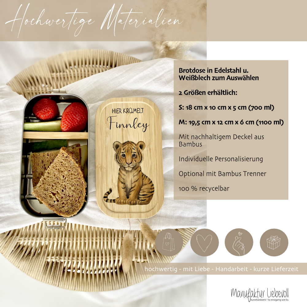 brotdose "Tiger" wählbar in Edelstahl mit Bambusdeckel und Namen für Kinder | Brotdose mit Tiger | Personalisiertes Geschenk für Kinder