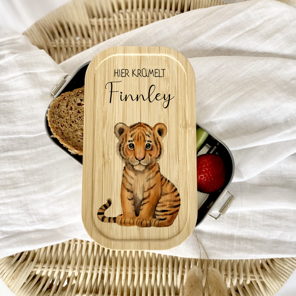 brotdose "Tiger" wählbar in Edelstahl mit Bambusdeckel und Namen für Kinder | Brotdose mit Tiger | Personalisiertes Geschenk für Kinder