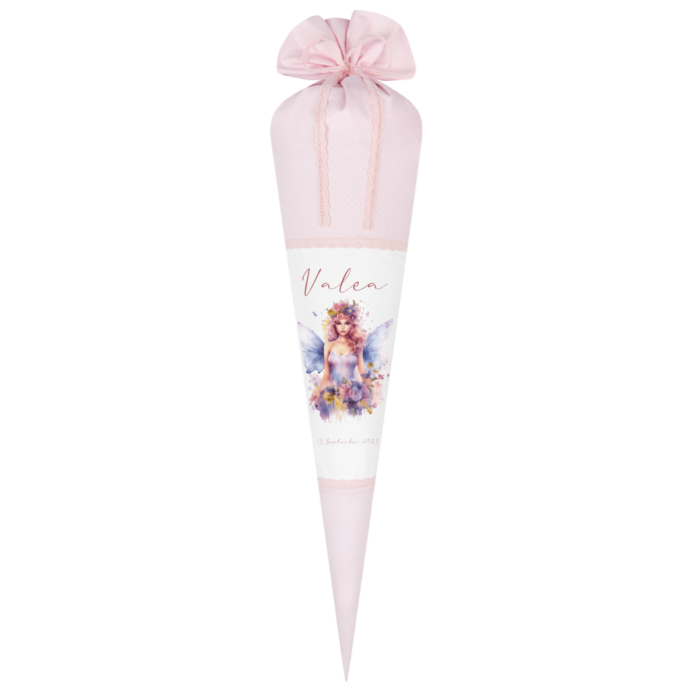 Feen Stoffschultüte Personalisierte Rosa Mädchen Name Elfe Ballerina Blumen Boho Einschulungstüte Zuckertüte 70 cm | Optional mit Füllkissen und Spitzenschutz