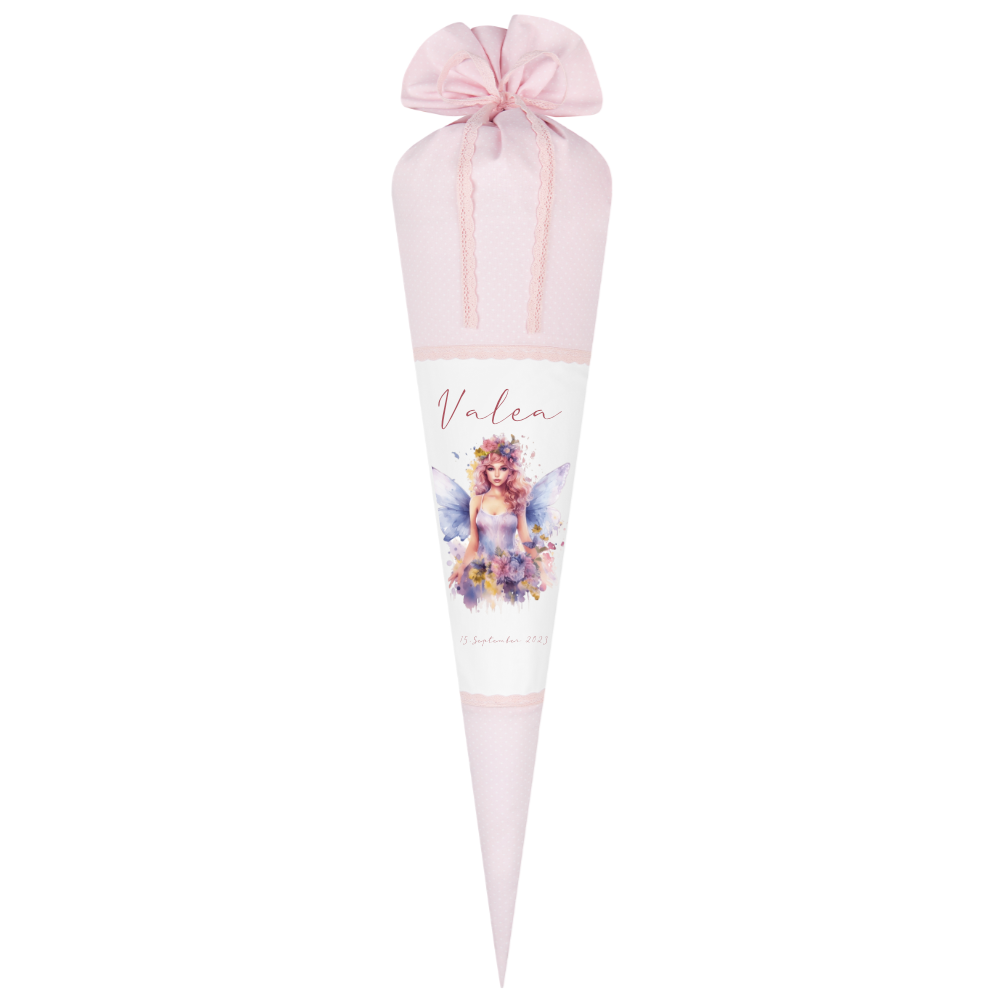Feen Stoffschultüte Personalisierte Rosa Mädchen Name Elfe Ballerina Blumen Boho Einschulungstüte Zuckertüte 70 cm | Optional mit Füllkissen und Spitzenschutz