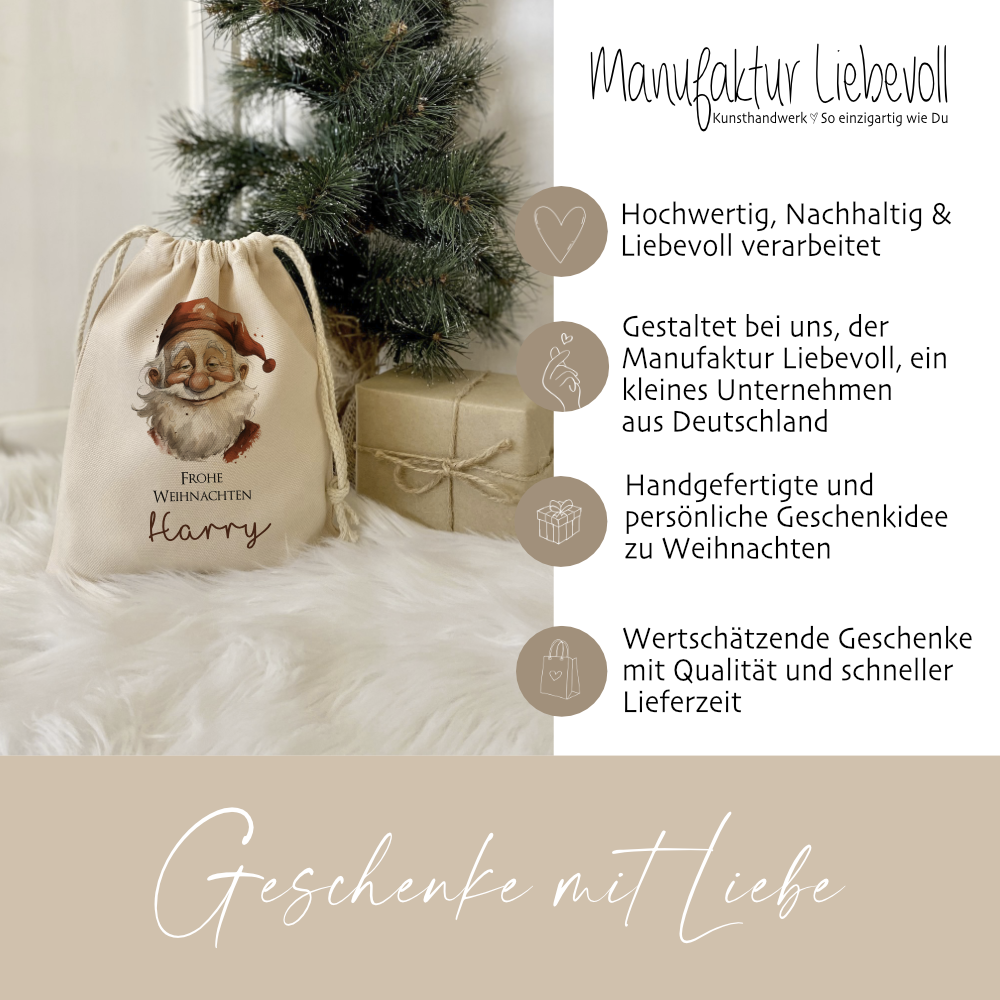 Weihnachtsmann Geschenkbeutel aus Stoff, Geschenkverpackung mit dem Namen personalisiert