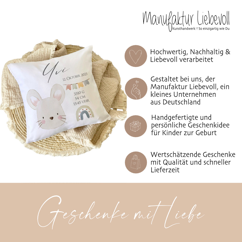 Babykissen für Neugeborene zur Geburt mit Geburtsdaten und Namen, Motiv: Maus