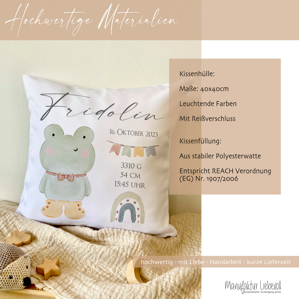 Personalisiertes Babygeschenk, Kissen zur Geburt mit Geburtsdaten, Motiv: Frosch
