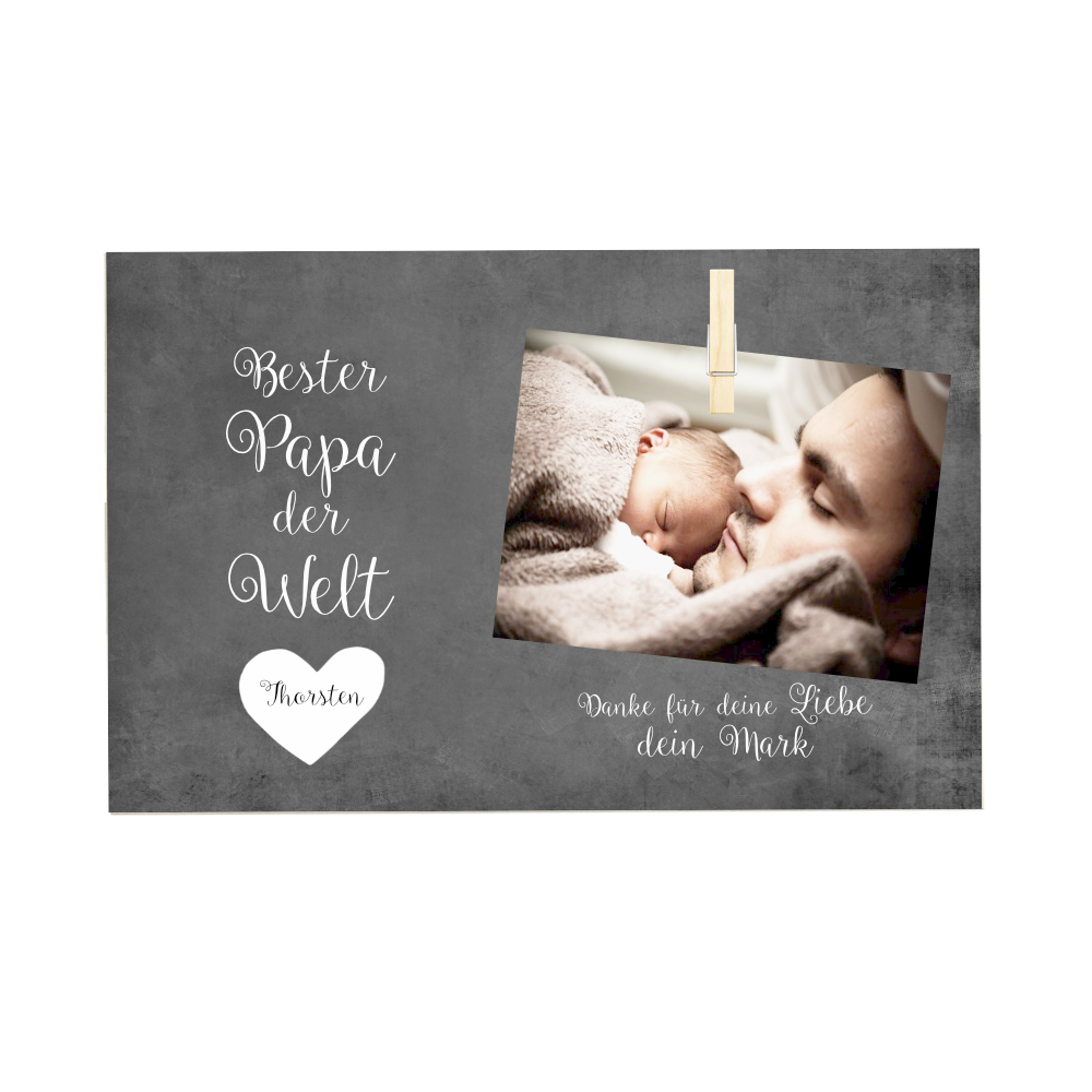 Fotogeschenk mit Holzklammer zum individuellen Befestigen eines Fotos | Personalisiertes Holzbild für den besten Papa der Welt | Handgefertigt mit dem Namen des Kindes und des Vaters