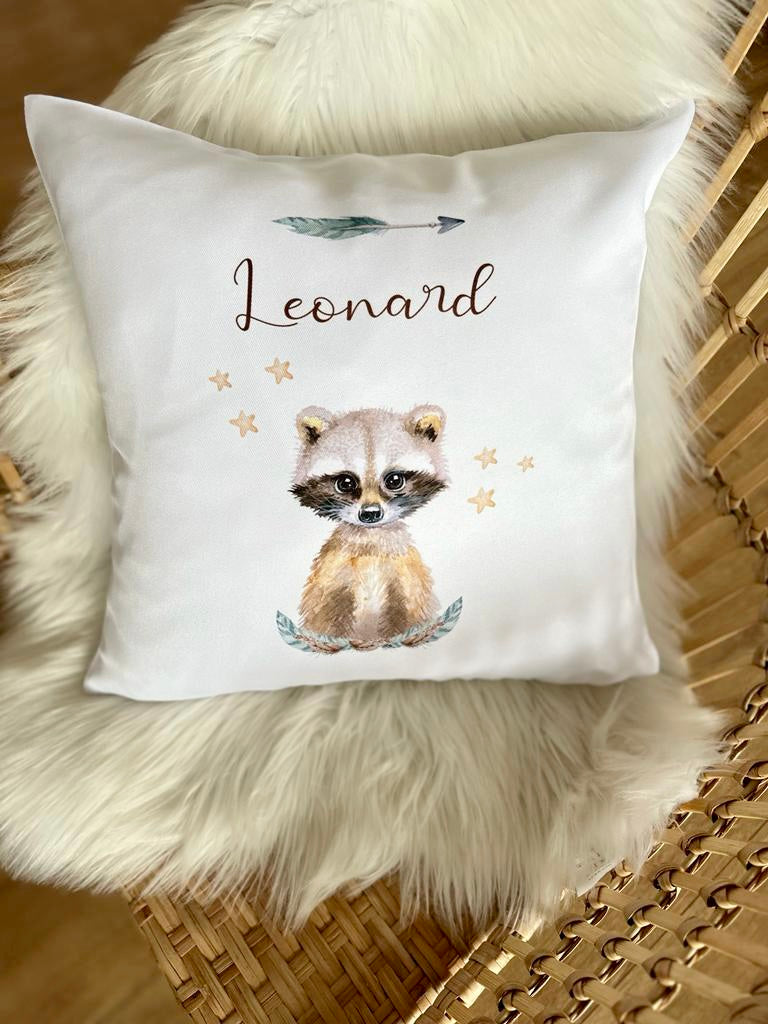 Kinderkissen "Waschbär" mit Namen.