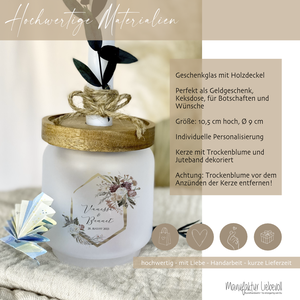 Geschenkglas zur Hochzeit personalisiert mit den Namen des Paares, Geschenkset mit Kerze und Trockenblume