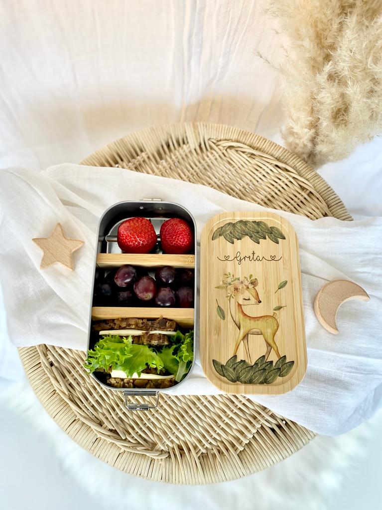 Brotdose mit Namen für Mädchen | Lunchbox mit Motiv "Rehkitz" | Wählbar in Edelstahl | Personalisiertes Geschenk für Mädchen