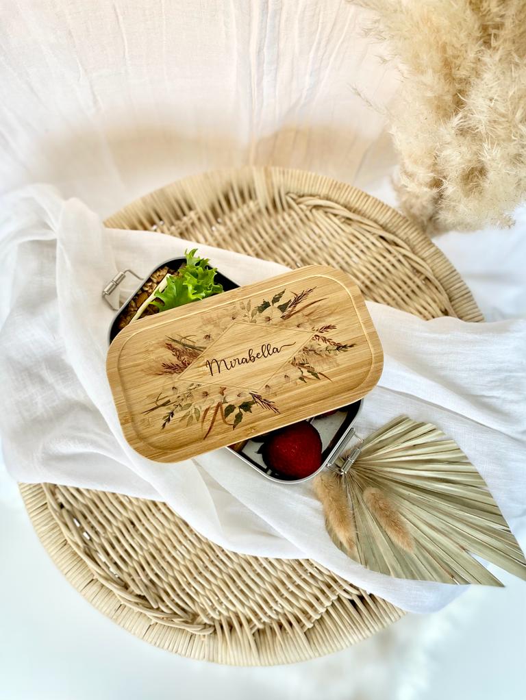 Brotdose "Boho Blumenkranz" mit Bambusdeckel und Namen | Boho Lunchbox mit floralem Motiv | Personalisierte Geschenkidee fürs Büro, Freizeit, Reisen