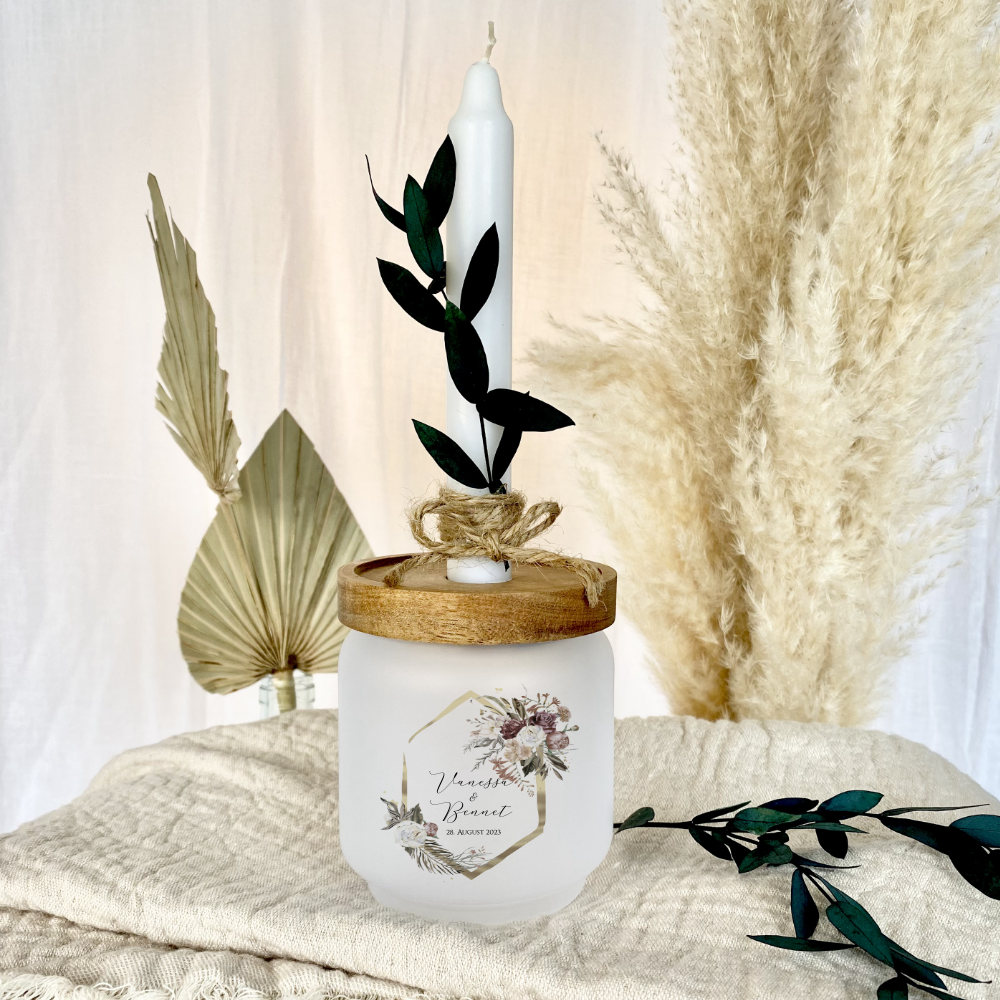 Geschenkglas zur Hochzeit personalisiert mit den Namen des Paares, Geschenkset mit Kerze und Trockenblume