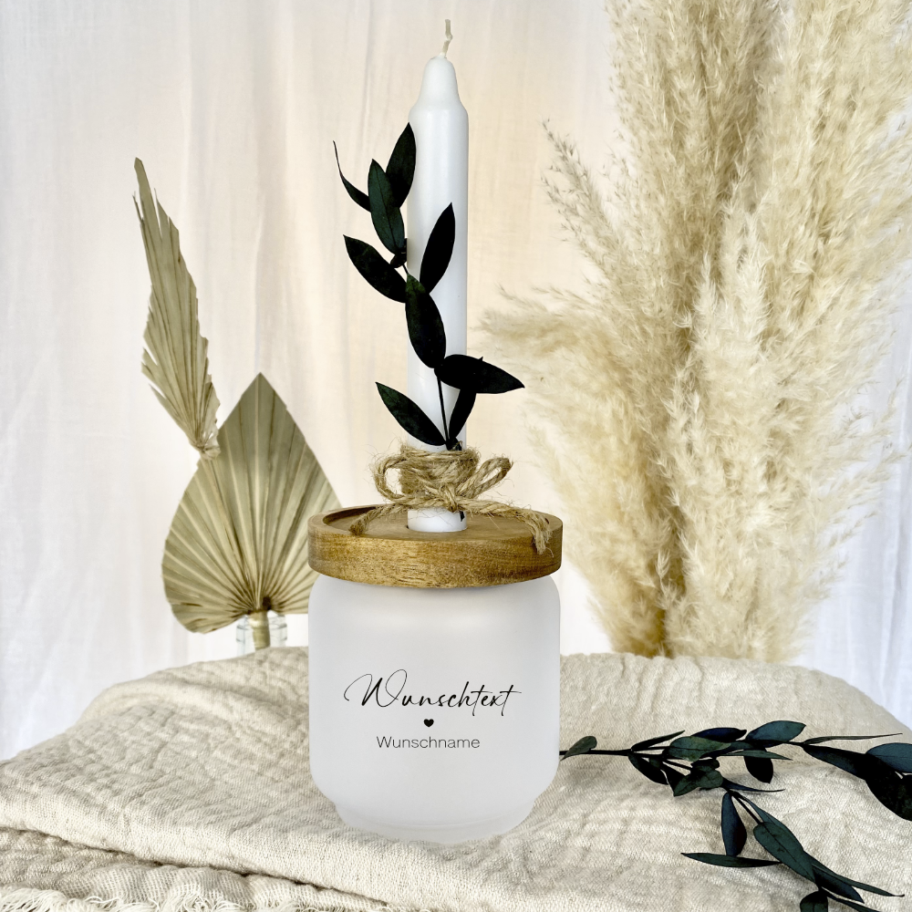 Personalisiertes Geschenkglas mit Wunschtext, Kerze und Trockenblume