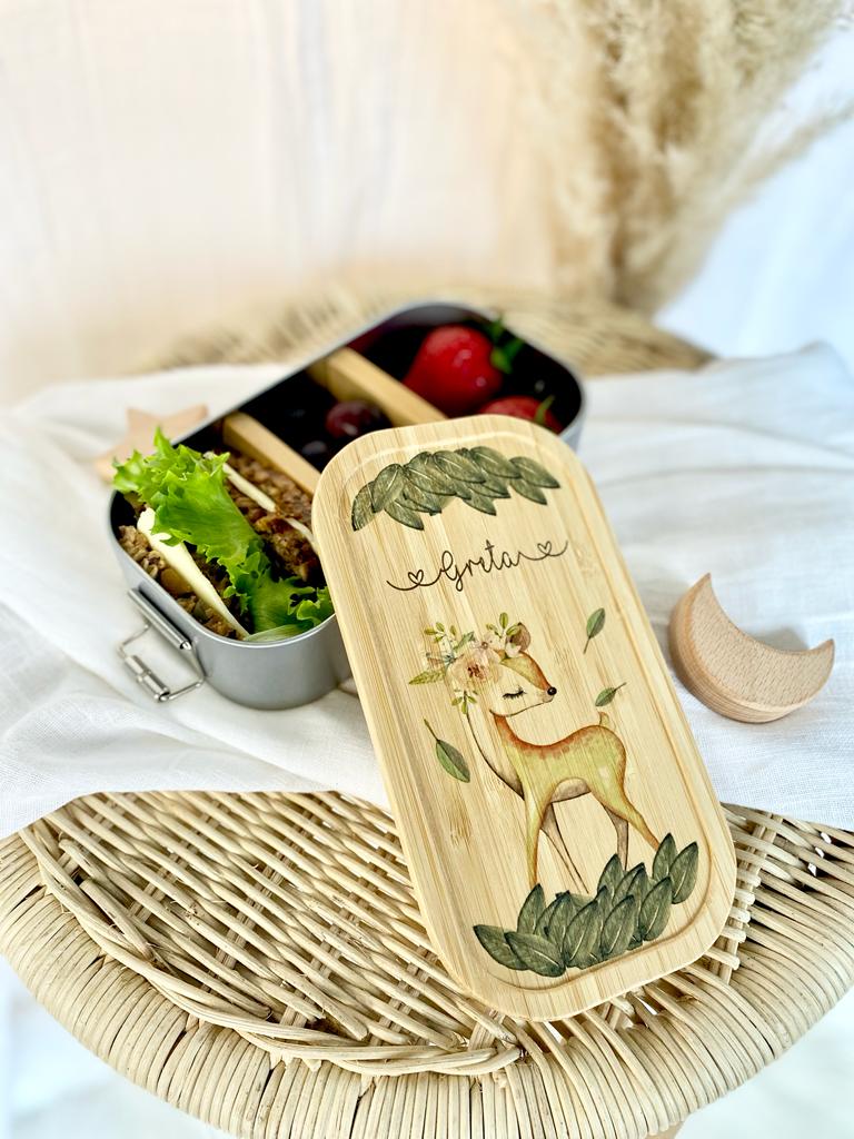 Brotdose mit Namen für Mädchen | Lunchbox mit Motiv "Rehkitz" | Wählbar in Edelstahl | Personalisiertes Geschenk für Mädchen
